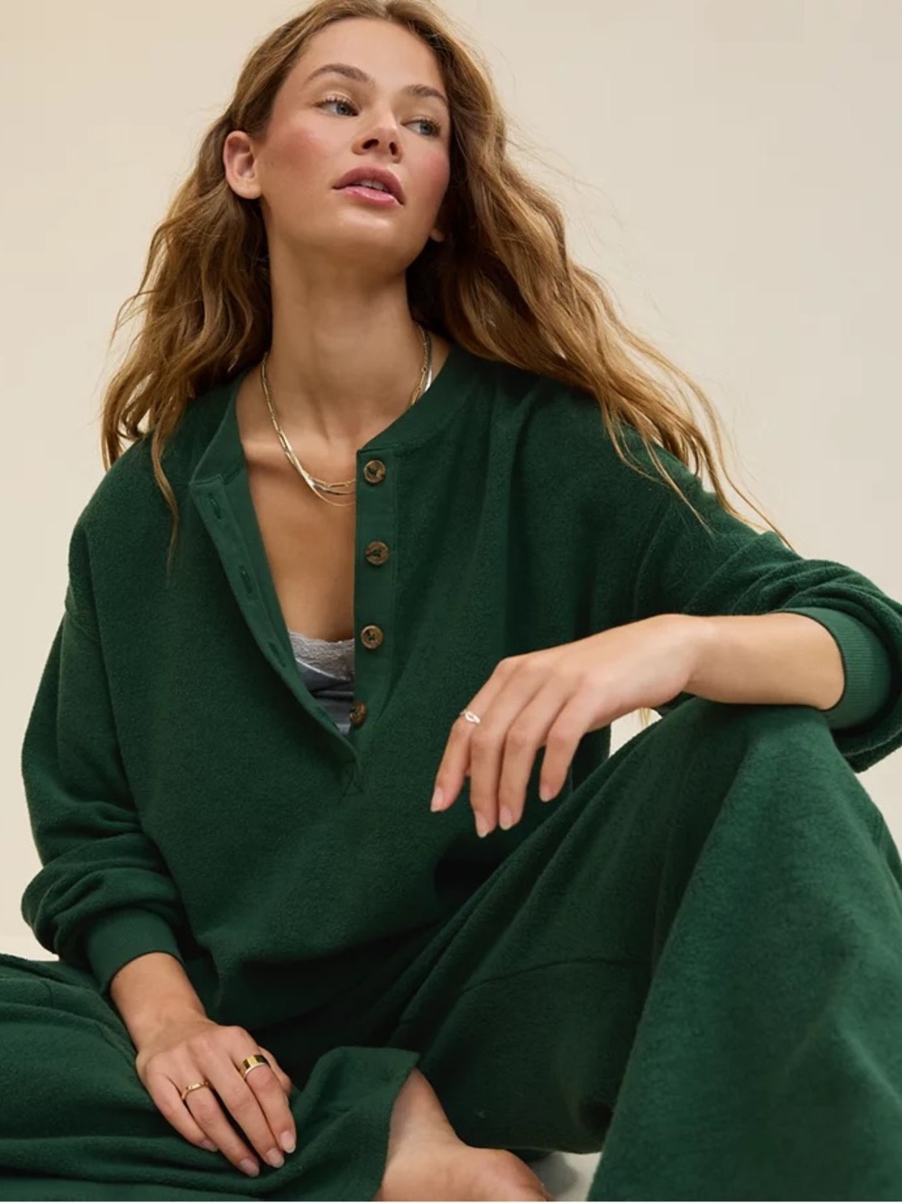 Aerie Sherpa Henley Sweatshirt Green Women's Size M